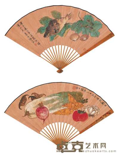 张大壮 壬辰（1952）年作、癸巳（1953）年作 鱼鲜图 蔬果图 成扇 18×49cm